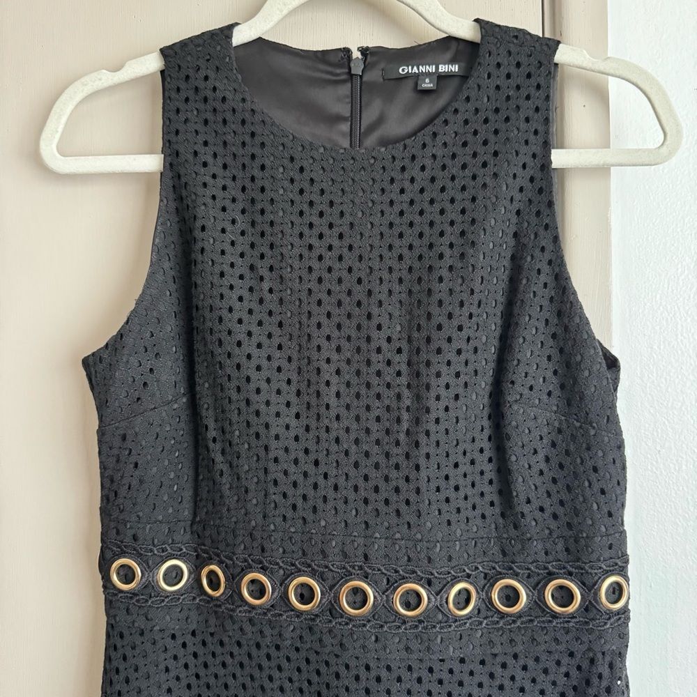 Gianni Bini Black Eyelet Lace Midi Dress with Gold Details - Picture 3 of 6